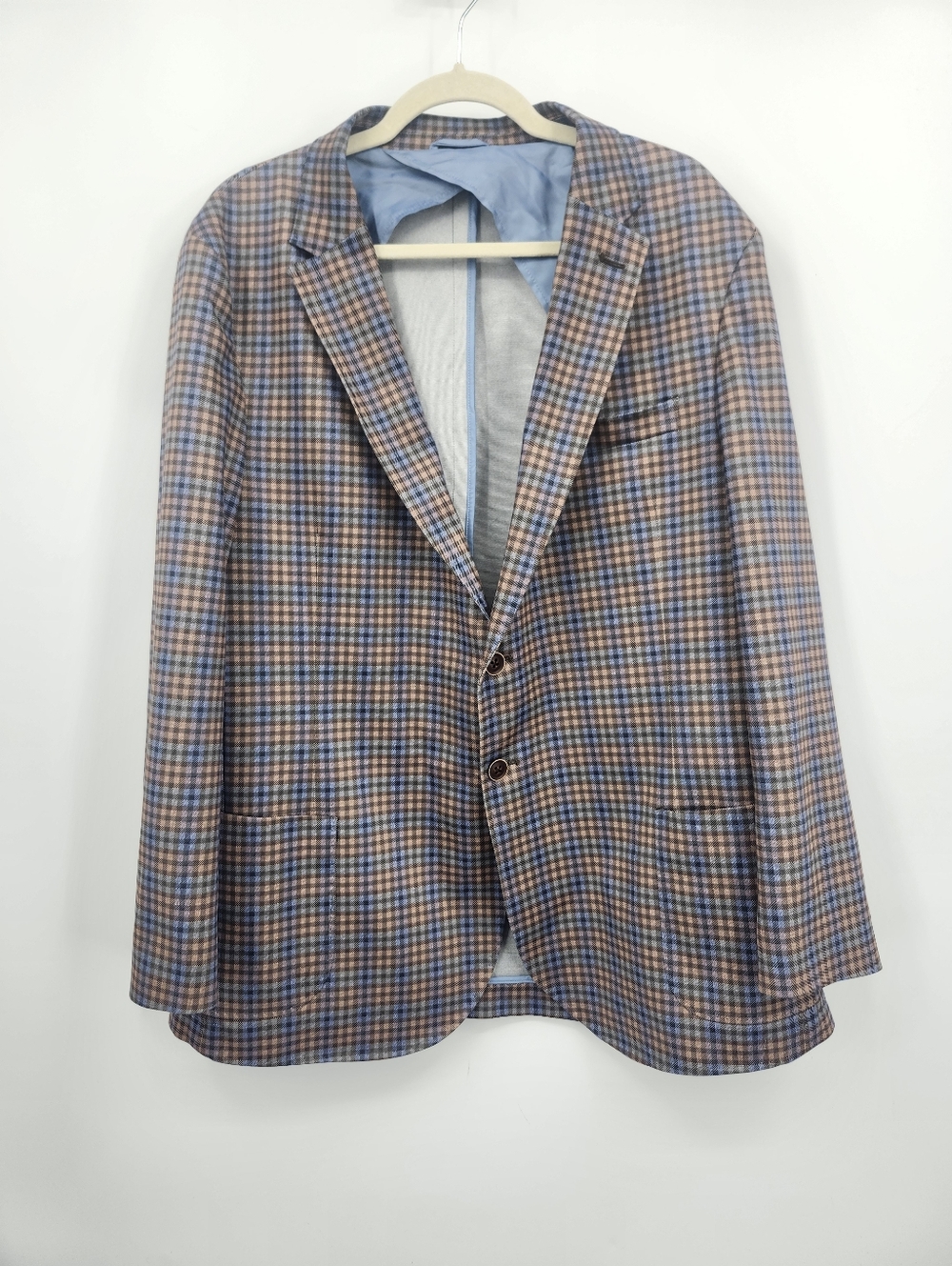 Johnnie-O Chadbourne Tan Blue Plaid Sport Blazer Coat in Coffee Size 48R